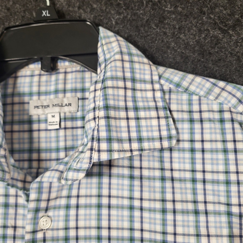 Peter Millar Mens Medium Blue Green Plaid Long Sleeve Button Down Shirt Stretch